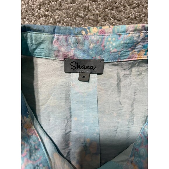 Shana Size Medium Fairy Tale Trees Button Up Aqua Blue Long Sleeve Coastal Shirt - Picture 10 of 14